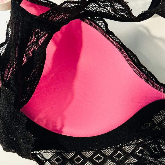 Victorias Secret PINK Racerback Underwire Bra Black Lace Lightly Padded Size Med - Picture 8 of 8